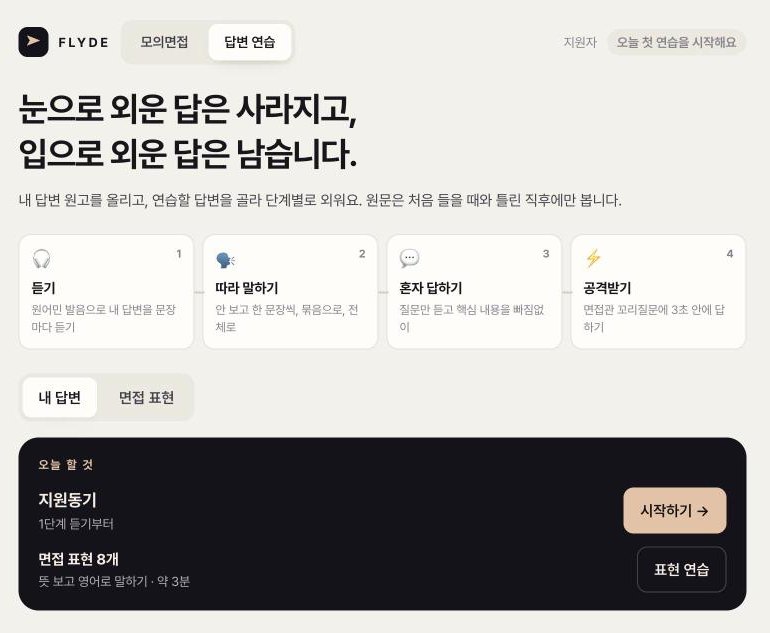 답변 연습 첫 화면. 위쪽 4단계 중 지금 할 단계와 오늘 할 연습이 보입니다.